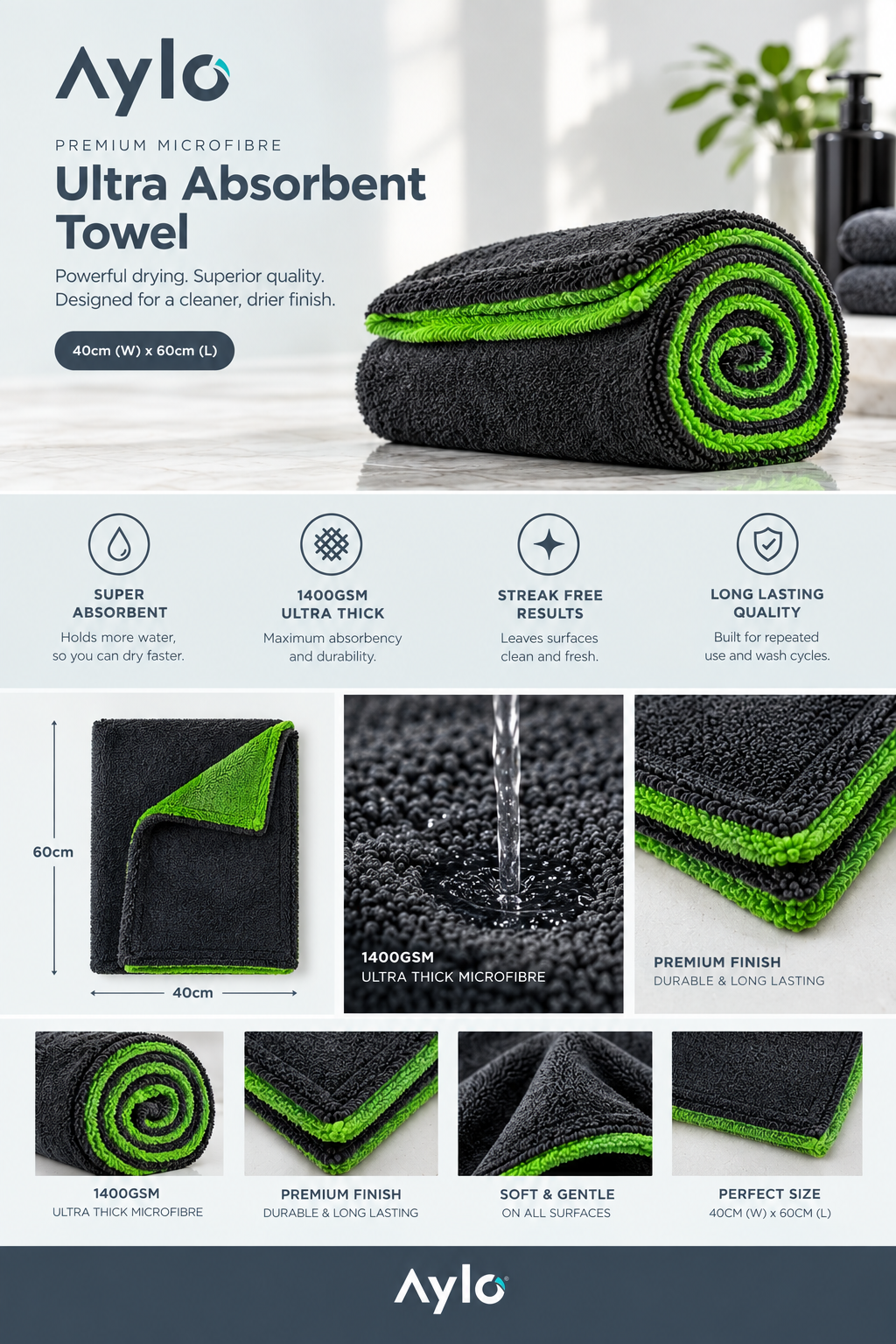 1400GSM Ultra Absorbent Microfibre Car Drying Towel - 40 x 60cm