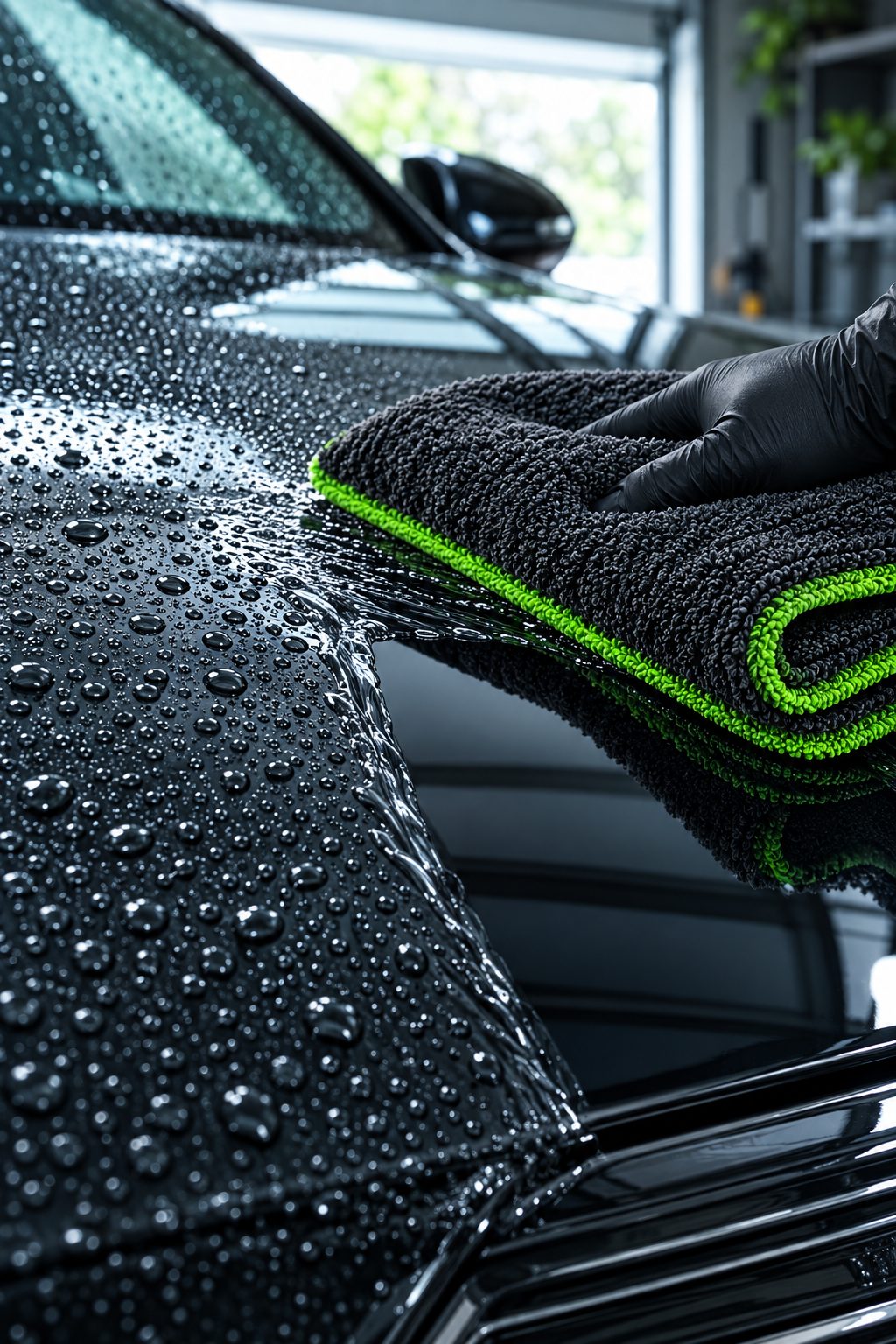 Microfibre towel drying a wet black car bonnet (AI-generated placeholder for Aylo steps section)
