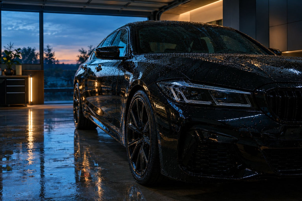 Wet black car in a garage at dusk (AI-generated placeholder for Aylo benefits band)
