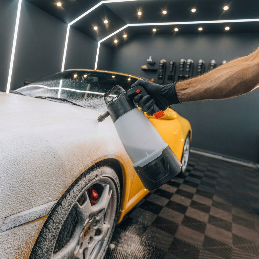 Electric foam sprayer beside a foam-covered yellow car